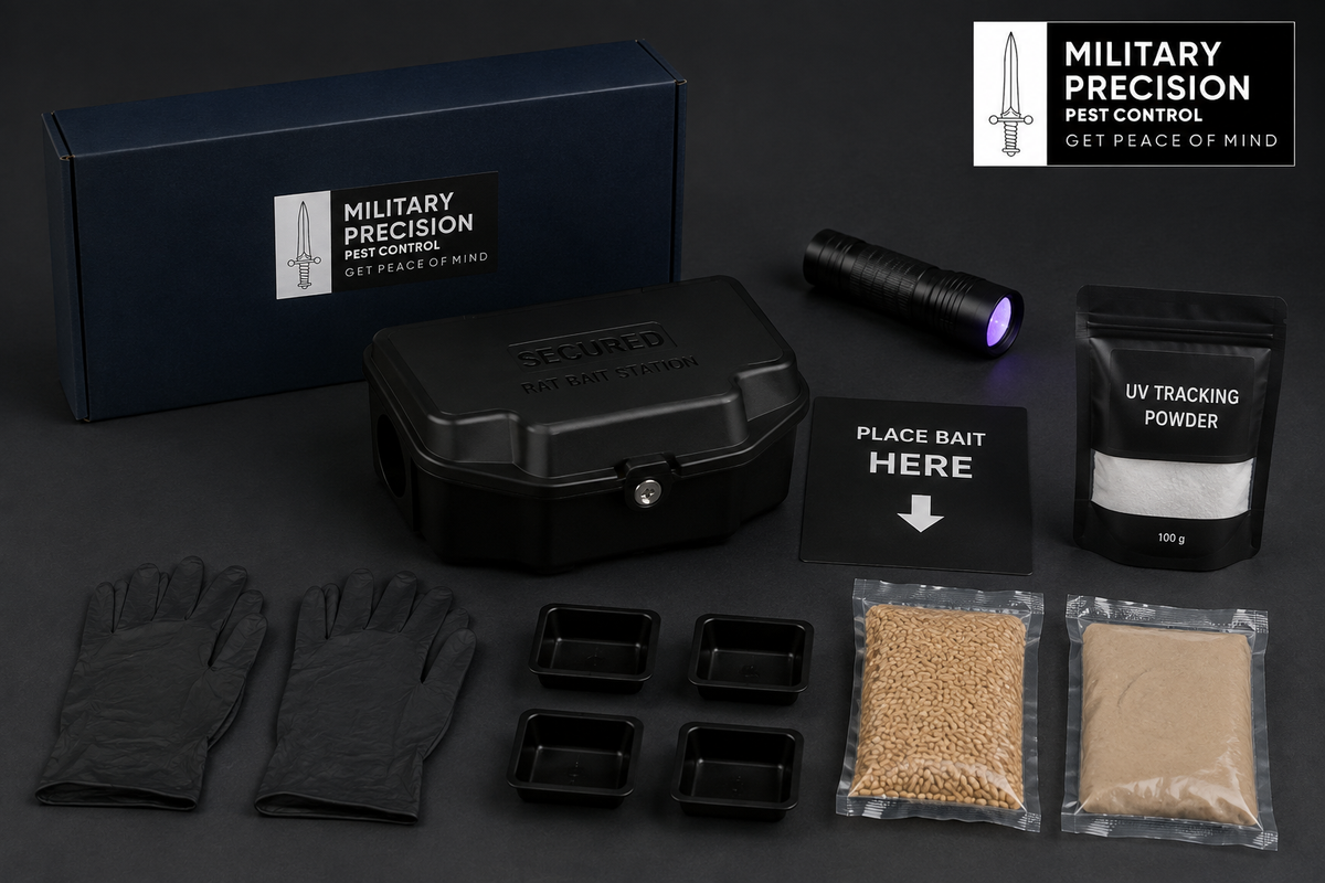 Military Precision rat bait kit with secured station, UV tracking equipment, protective gloves and sealed bait