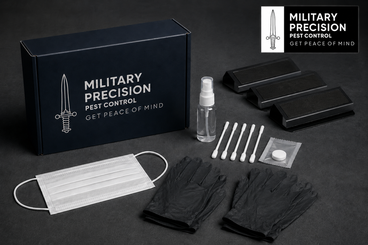 Military Precision bed bug monitoring kit with three monitors, testing swabs, detector tablet, mask and gloves