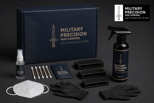 Military Precision bed bug monitoring and treatment kit with monitors, testing items, protective equipment and sealed spray
