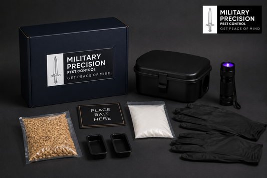 Military Precision indoor mouse bait kit with secured station, UV tracking equipment, gloves and sealed bait
