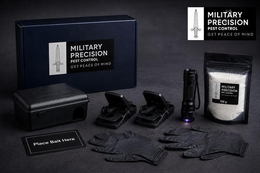Military Precision indoor mouse snap trap kit with secured station, two traps and UV tracking equipment