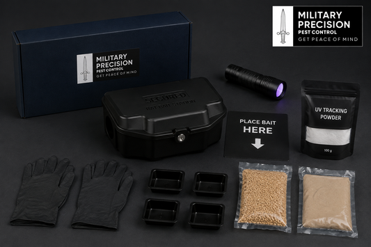 Military Precision rat bait kit with secured station, UV tracking equipment, protective gloves and sealed bait