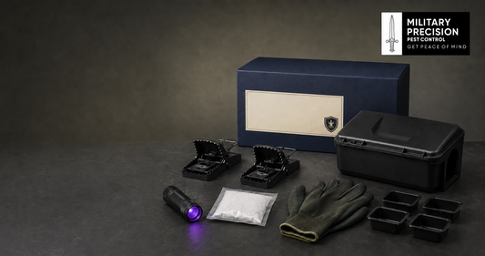 Military Precision rat snap trap kit with traps, secured bait station, UV torch, tracking powder and gloves