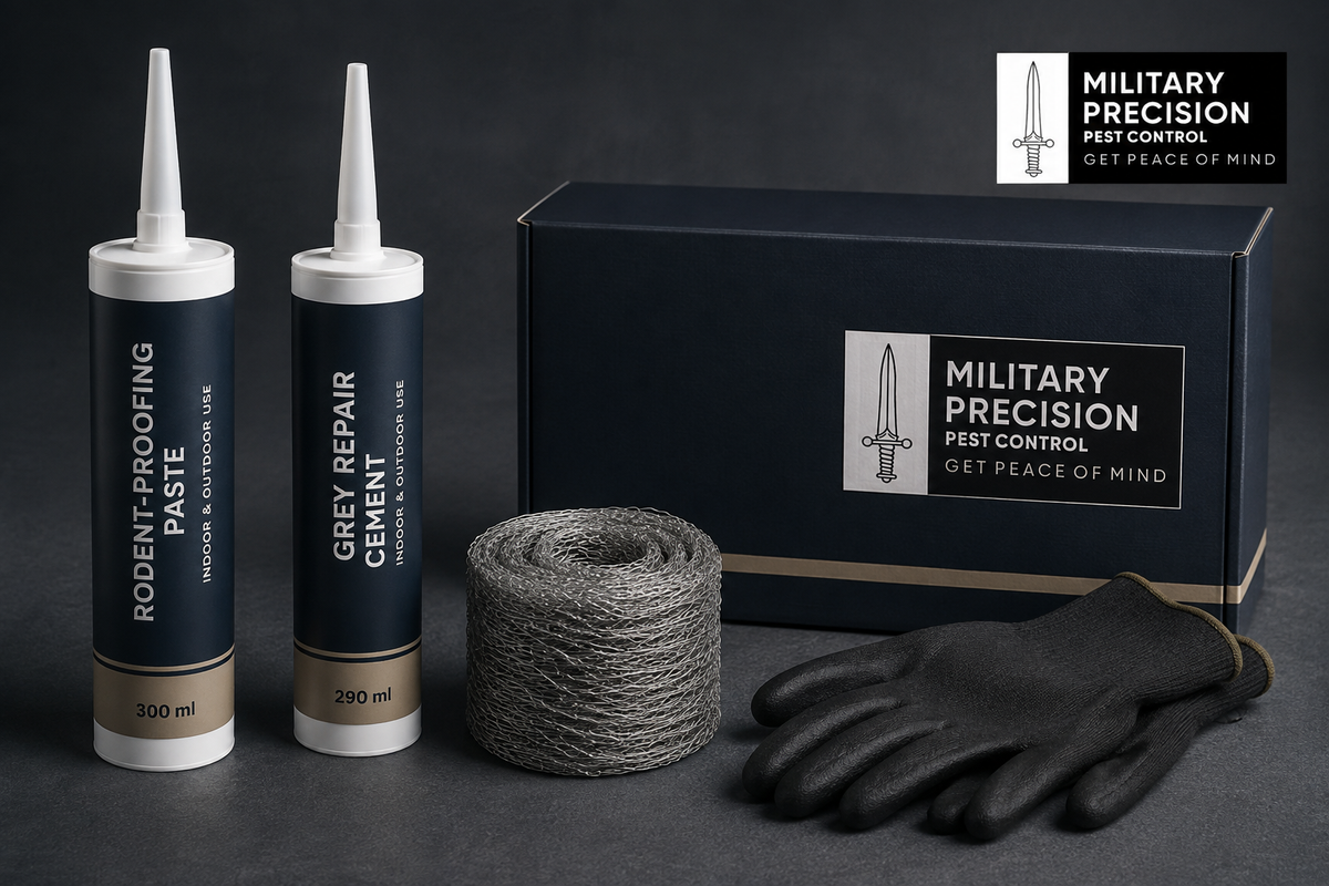 Military Precision rodent proofing kit with proofing paste, repair cement, wire wool and work gloves