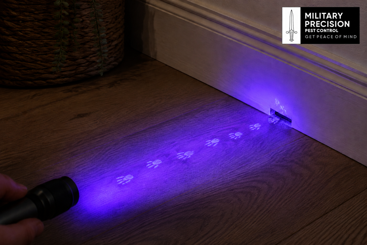 UV torch revealing rodent footprints near a wall entry point - Military Precision Pest Control